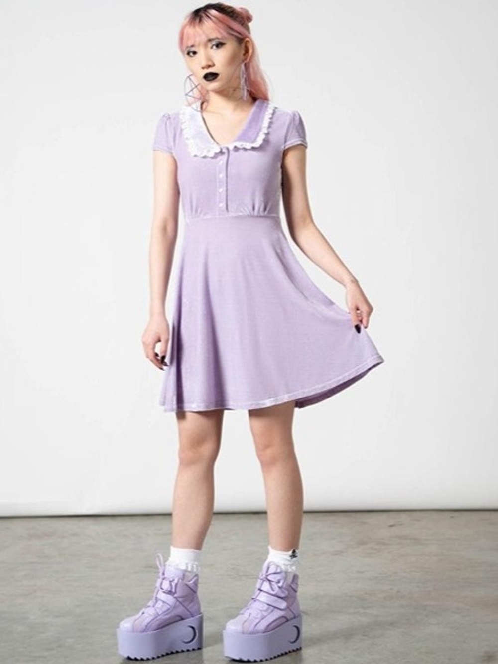 KILLSTAR Velvet Lavender Skater Dress with Lace Collar